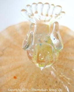 Hand Blown Venetian Apricot & Gold Glass Pedestal Bowl with Lid and Applied Bird, Measures approximately 7" tall.