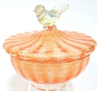 Hand Blown Venetian Apricot & Gold Glass Pedestal Bowl with Lid and Applied Bird, Measures approximately 7" tall.