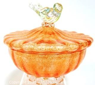 Hand Blown Venetian Apricot & Gold Glass Pedestal Bowl with Lid and Applied Bird, Measures approximately 7" tall.