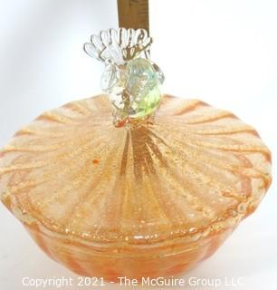 Hand Blown Venetian Apricot & Gold Glass Pedestal Bowl with Lid and Applied Bird, Measures approximately 7" tall.