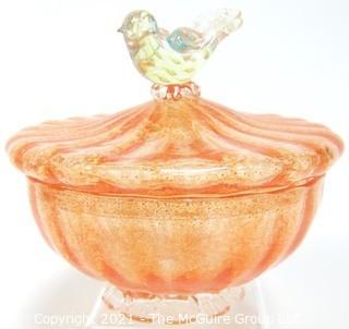 Hand Blown Venetian Apricot & Gold Glass Pedestal Bowl with Lid and Applied Bird, Measures approximately 7" tall.