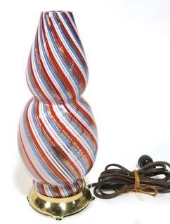 Tall Red Blue Gold & White Hand Blown Murano Mid Century Modern Swirl Table Lamp.  Measures approximately 12" tall.