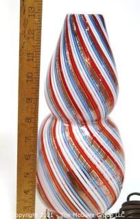 Tall Red Blue Gold & White Hand Blown Murano Mid Century Modern Swirl Table Lamp.  Measures approximately 12" tall.