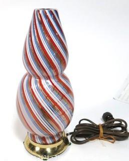 Tall Red Blue Gold & White Hand Blown Murano Mid Century Modern Swirl Table Lamp.  Measures approximately 12" tall.