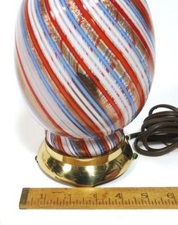 Tall Red Blue Gold & White Hand Blown Murano Mid Century Modern Swirl Table Lamp.  Measures approximately 12" tall.