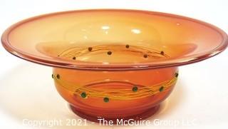 Hand Blown Orange Glass Bowl with Metal Threads and Beads.  Measures approximately 15" in diameter.