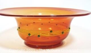 Hand Blown Orange Glass Bowl with Metal Threads and Beads.  Measures approximately 15" in diameter.