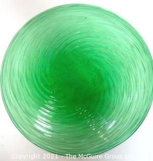 Hand Blown Green Glass Shallow Bowl Made in Venice Circa 1920 in Swirl Pattern with Bubbles.  Measures approximately 14" in diameter.