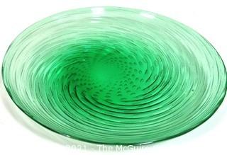 Hand Blown Green Glass Shallow Bowl Made in Venice Circa 1920 in Swirl Pattern with Bubbles.  Measures approximately 14" in diameter.