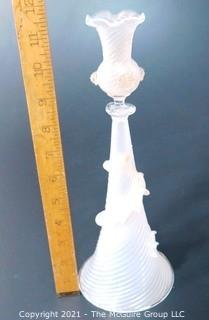 Hand Blown White with Gold Flecks Candlesticks with Applied Ruffle.  Measures approximately 12" in diameter.