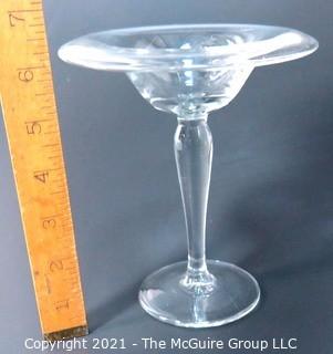 Hand Blown Clear Glass Coupe.  Measures approximately  6" in diameter at top.