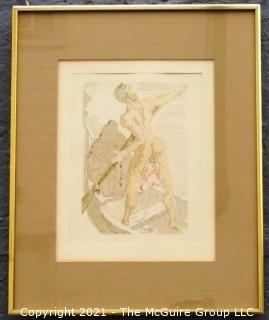 Framed Under Glass Color Wood Engraving Entitled "Charon et le Passage de l'Achéron" by Salvador Dali, Block Signed. Measures approximately 16" x  20" in frame.