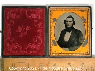 Antique Daguerreotype Plate Photograph Of A Man in Velvet Lined Hard Case.  Measures approximately 3" wide. 