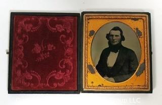 Antique Daguerreotype Plate Photograph Of A Man in Velvet Lined Hard Case.  Measures approximately 3" wide. 