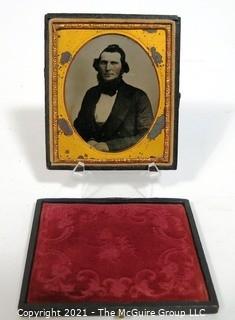 Antique Daguerreotype Plate Photograph Of A Man in Velvet Lined Hard Case.  Measures approximately 3" wide. 