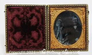 Antique Daguerreotype Plate Photograph Of A Married Couple in Velvet Lined Hard Case.  Measures approximately 3" wide x 4" tall.