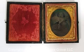 Antique Daguerreotype Plate Photograph Of A Woman in Velvet Line Case.  Measures approximately 3" x 2 1/2". 