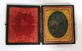 Antique Daguerreotype Plate Photograph Of A Woman in Velvet Line Case.  Measures approximately 3" x 2 1/2". 