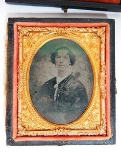 Antique Daguerreotype Plate Photograph Of A Woman in Velvet Line Case.  Measures approximately 3" x 2 1/2". 