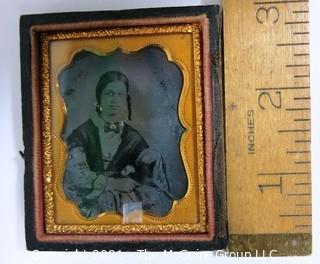 Antique Daguerreotype Plate Photograph Of A Woman in Velvet Lined Hard Case.  Measures approximately 3" x 2 1/2". 