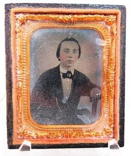 Antique Daguerreotype Plate Photograph Of A Man with Tinted Cheeks in Velvet Lined Hard Case.  