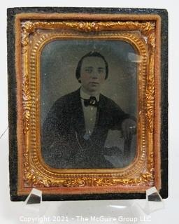 Antique Daguerreotype Plate Photograph Of A Man with Tinted Cheeks in Velvet Lined Hard Case.  