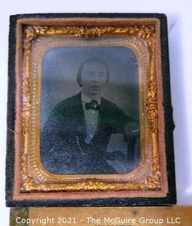 Antique Daguerreotype Plate Photograph Of A Man with Tinted Cheeks in Velvet Lined Hard Case.  