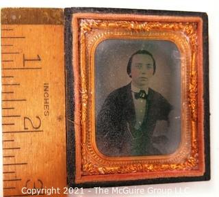 Antique Daguerreotype Plate Photograph Of A Man with Tinted Cheeks in Velvet Lined Hard Case.  