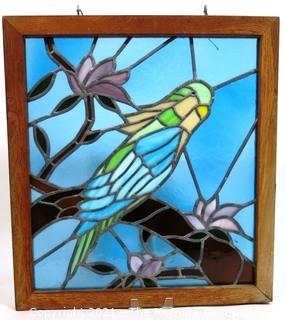 Framed with Hanging Hooks Stained Glass Window Pane of Parakeet in Tree,  Measures approximately 21" x 24".