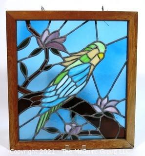 Framed with Hanging Hooks Stained Glass Window Pane of Parakeet in Tree,  Measures approximately 21" x 24".