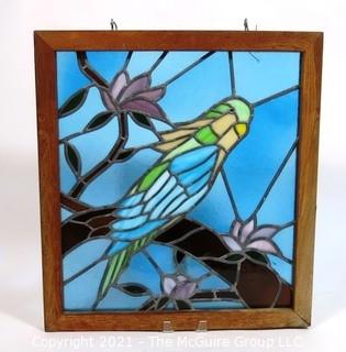 Framed with Hanging Hooks Stained Glass Window Pane of Parakeet in Tree,  Measures approximately 21" x 24".