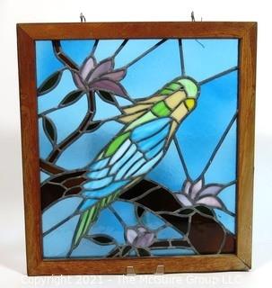 Framed with Hanging Hooks Stained Glass Window Pane of Parakeet in Tree,  Measures approximately 21" x 24".