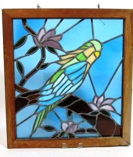 Framed with Hanging Hooks Stained Glass Window Pane of Parakeet in Tree,  Measures approximately 21" x 24".