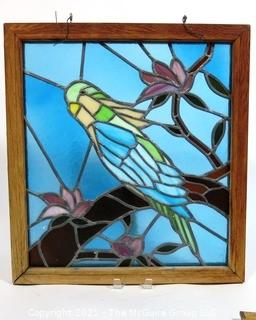 Framed with Hanging Hooks Stained Glass Window Pane of Parakeet in Tree,  Measures approximately 21" x 24".