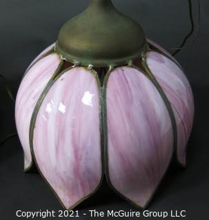 Pair of Ceiling Mount Chandeliers with Pink Tulip Form Slag Glass Shades. They measure approximately 11" in diameter x 8" tall.  One chandelier is missing ceiling mount hardware and cap.