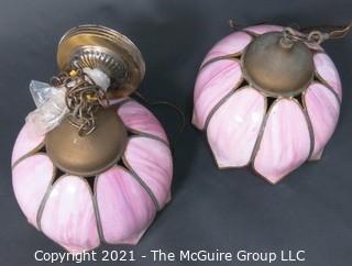 Pair of Ceiling Mount Chandeliers with Pink Tulip Form Slag Glass Shades. They measure approximately 11" in diameter x 8" tall.  One chandelier is missing ceiling mount hardware and cap.