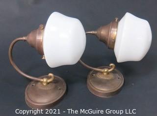 Pair of Vintage Wall Mount with Milk Glass Shade Electric Light Fixtures. 