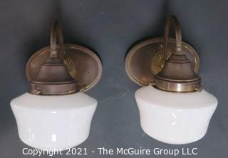 Pair of Vintage Wall Mount with Milk Glass Shade Electric Light Fixtures. 