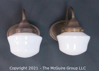 Pair of Vintage Wall Mount with Milk Glass Shade Electric Light Fixtures. 