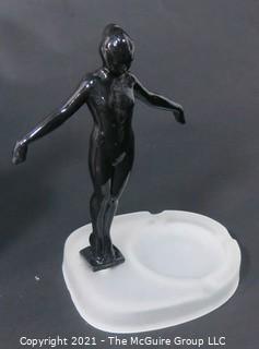 Art Deco Cast Iron with Black Enamel Paint Statue of Nude Female Attached to Frosted Glass Ashtray Base.  Measures approximately 9" tall.