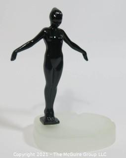 Art Deco Cast Iron with Black Enamel Paint Statue of Nude Female Attached to Frosted Glass Ashtray Base.  Measures approximately 9" tall.