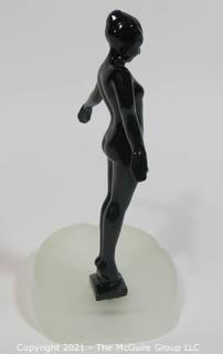 Art Deco Cast Iron with Black Enamel Paint Statue of Nude Female Attached to Frosted Glass Ashtray Base.  Measures approximately 9" tall.