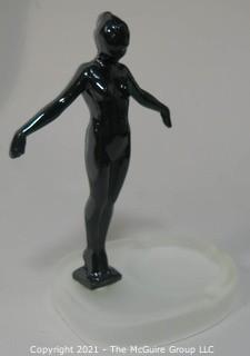 Art Deco Cast Iron with Black Enamel Paint Statue of Nude Female Attached to Frosted Glass Ashtray Base.  Measures approximately 9" tall.