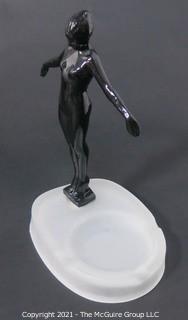 Art Deco Cast Iron with Black Enamel Paint Statue of Nude Female Attached to Frosted Glass Ashtray Base.  Measures approximately 9" tall.