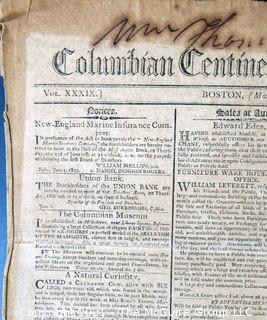 Columbian Centinel & Massachusetts Federalist Newspaper Published in Boston, circa 1803. 