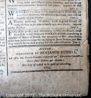 Columbian Centinel & Massachusetts Federalist Newspaper Published in Boston, circa 1803. 