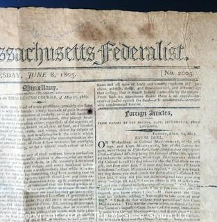 Columbian Centinel & Massachusetts Federalist Newspaper Published in Boston, circa 1803. 