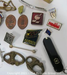 Eclectic collection of pins, jewelry and other items