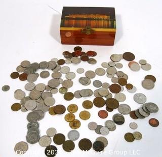 Collection of Vintage Foreign Coin Money with Kennedy Center Trinket Box,