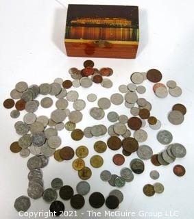 Collection of Vintage Foreign Coin Money with Kennedy Center Trinket Box,